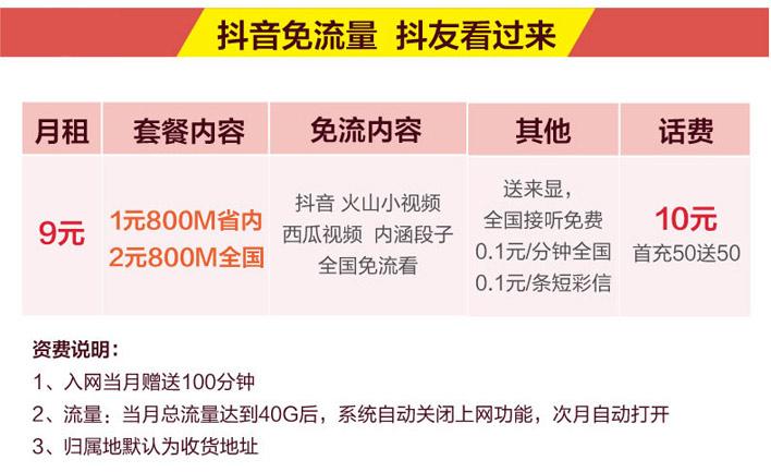 联通4G抖音卡,9元月租抖音免流!售价19!
